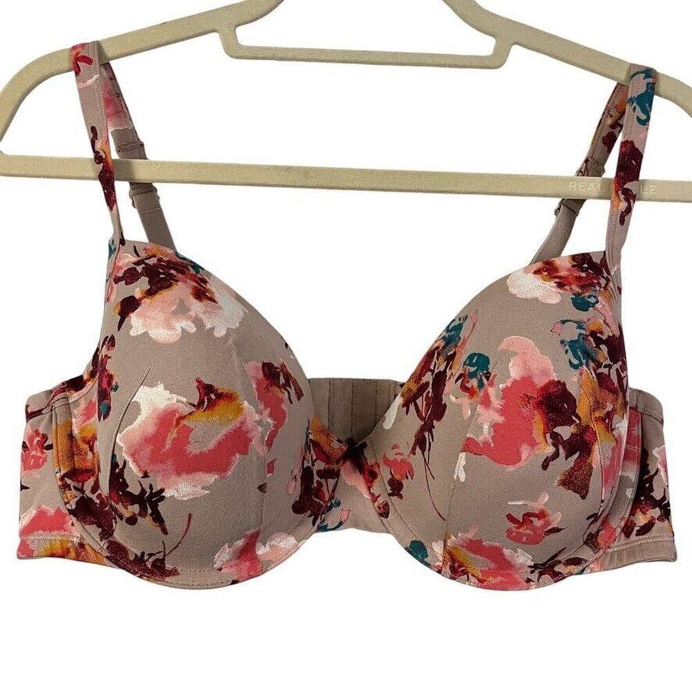Cacique Taupe Floral Moulded Bra with Pink & Teal Accents